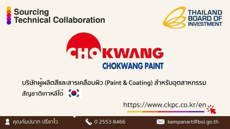BOI ดึง Chokwang Paint ยักษ์ใหญ่เกาหลี หาพันธมิตรไทยลุยอาเซียน