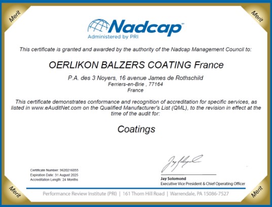 Oerlikon Balzers, Coating Solutions, Surface & Coating, Ferrières-en-Brie, Nadcap