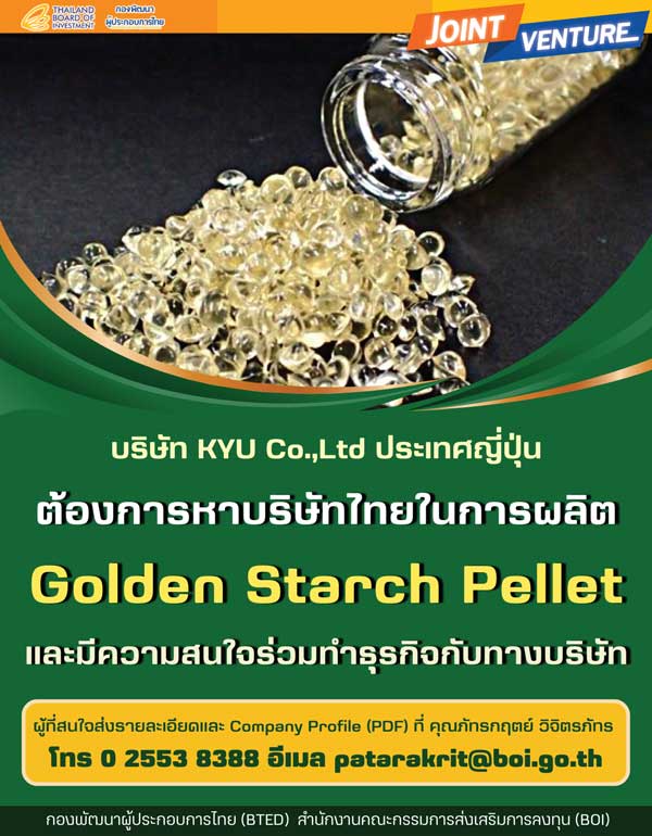 บริษัท KYU Co.,Ltd จากประเทศญี่ปุ่น หาผู้สนใจร่วม Joint Venture ในไทย, Golden Starch Pellet