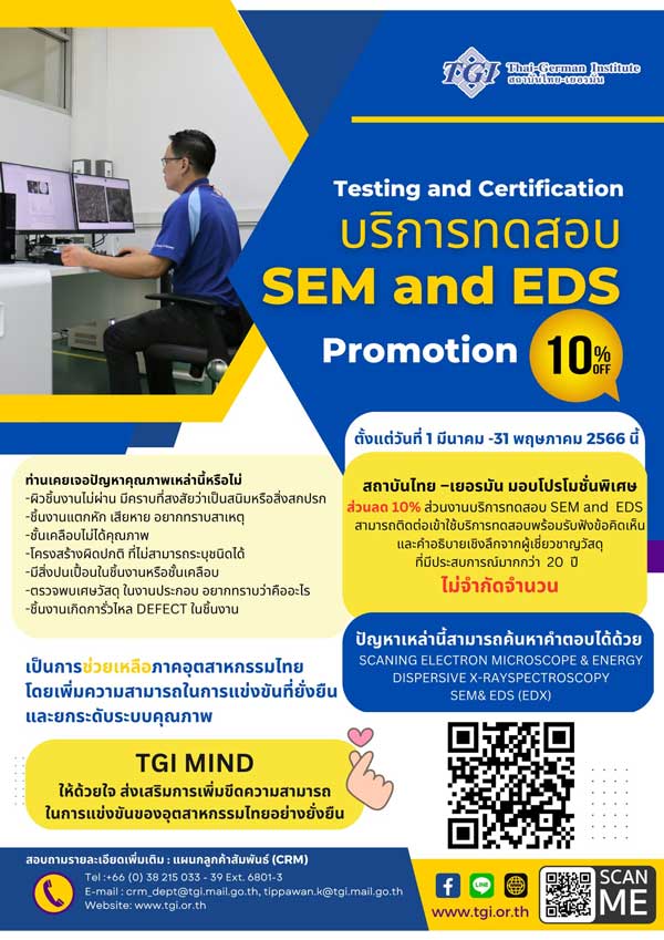 สถาบันไทยเยอรมัน TGI จัดโปร ลด 10% งานบริการทดสอบ SEM and EDS